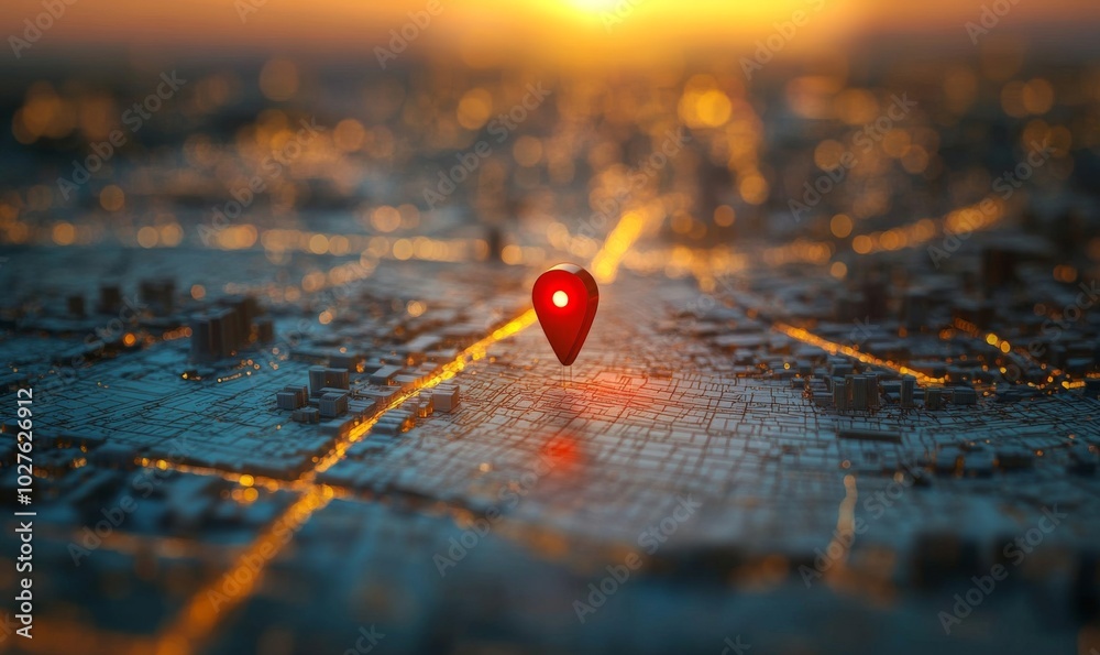 Red Location Pin on Detailed City Map in Warm Sunset Light Red Location Pin on Detailed City Map in Warm Sunset Light