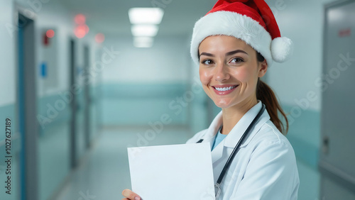 Smiling female doctor in Santa hat and white coat holding blank paper for text. Hospital environment in background, symbolizing festive Christmas or New Year mood in medical environment