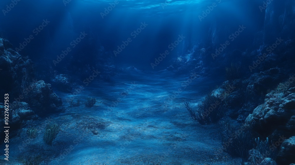 Obraz premium Underwater Scene with Sunbeams Illuminating the Ocean Floor