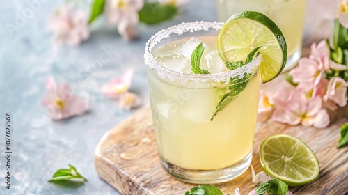 A refreshing Brazilian lemonade with a sugar rim and a lime wedge, placed on a wooden board with delicate pastel flowers scattered around