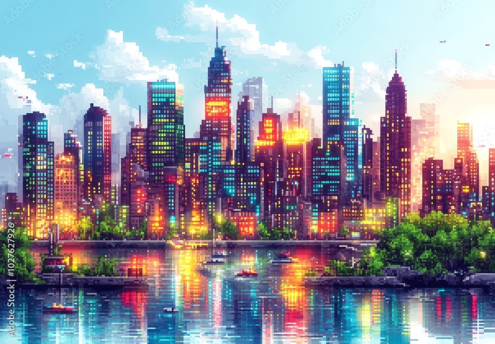 Obraz premium Pixel art city skyline reflecting in a calm river with colorful neon lights and white clouds in a blue sky
