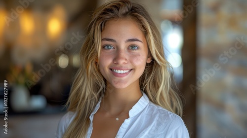 A joyful young woman smiles brightly, showcasing her natural beauty in a cozy indoor setting. Generative AI