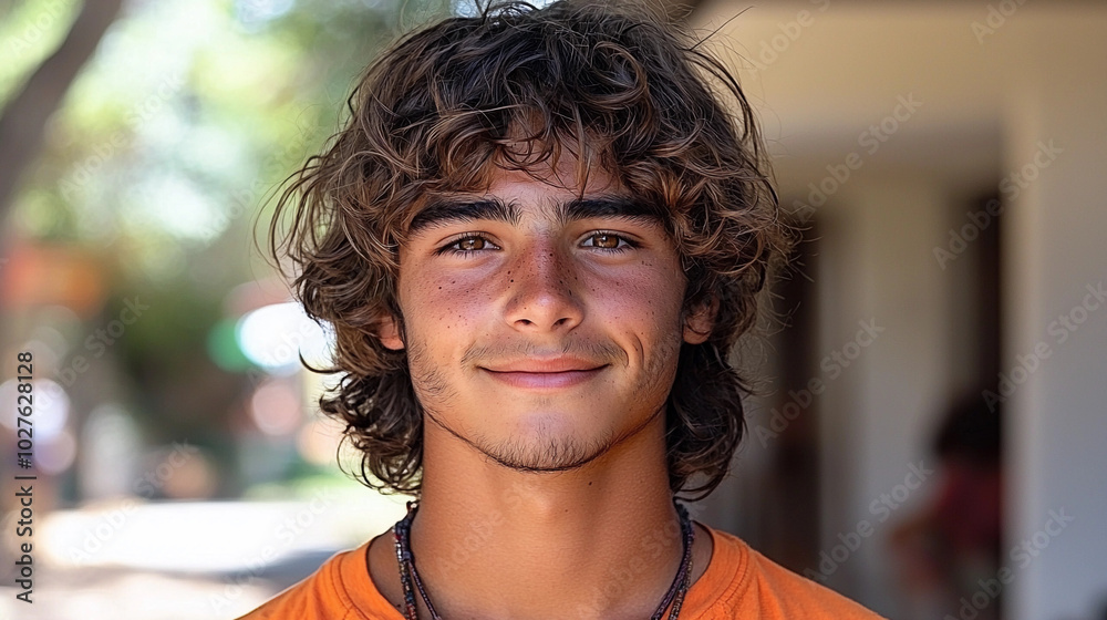 A young man with curly hair and a beard is smiling for the camera. He is wearing an orange shirt and a necklace A young man with curly hair and a beard is smiling for the camera. He is wearing an orange shirt and a necklace