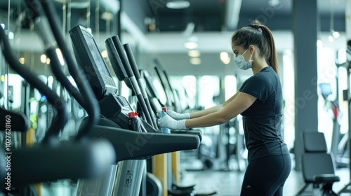 A gym staff member wiping down exercise machines with disinfectant.