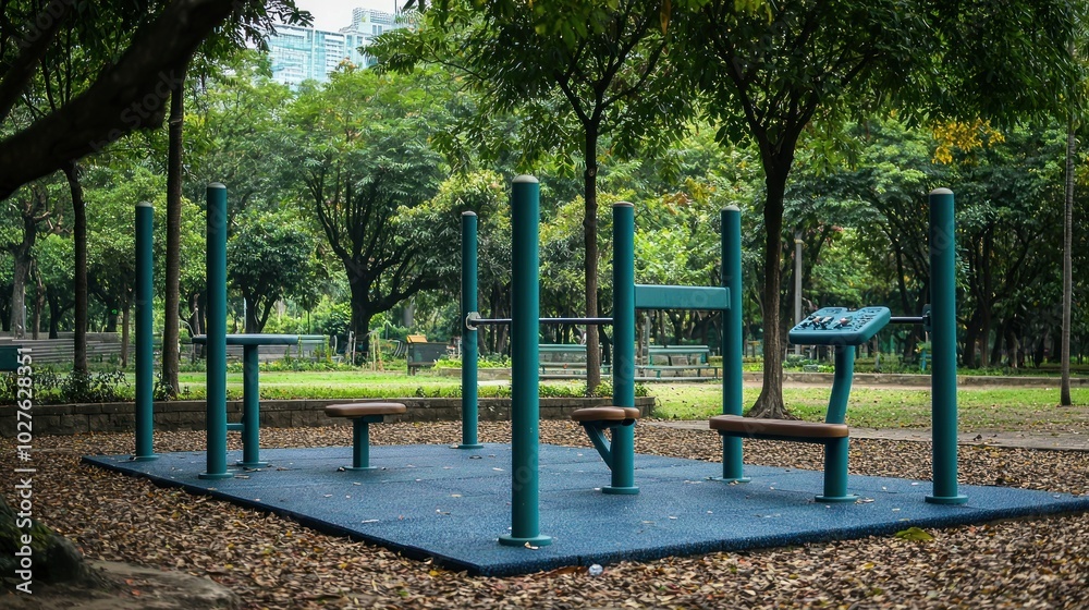 Outdoor gym equipment in a public park, with no one using it. Outdoor gym equipment in a public park, with no one using it.
