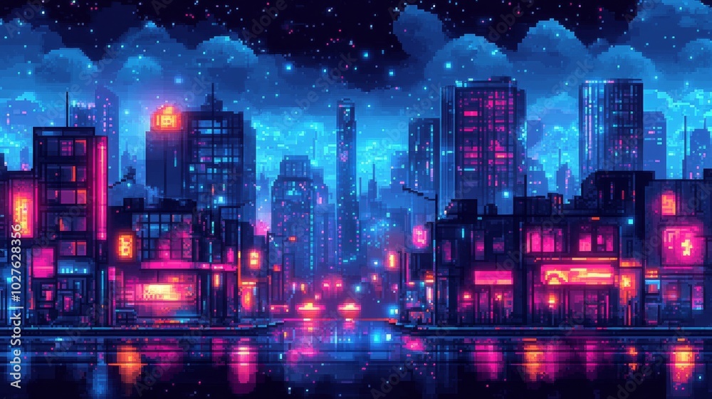 Pixel art cityscape illuminated by neon signs reflecting on a water surface under a starry sky with clouds