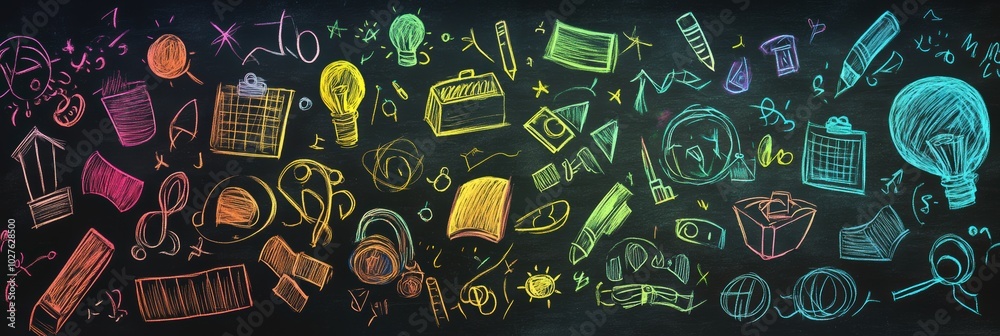 Chalkboard of Imagination, vibrant doodles depicting various school subjects, a playful and educational visual feast, engaging and lively artwork Chalkboard of Imagination, vibrant doodles depicting various school subjects, a playful and educational visual feast, engaging and lively artwork