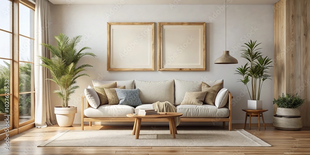 Fototapeta premium Large Horizontal Frame Mock Up in a Muted White Living Room with Wooden Elements for Interior Design Inspiration