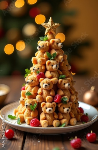  creative christmas tree made of csweet cookies teddy bears on festive golden christmas background - bakery, pastry, coffee shop, cafe, festive event planning . photo