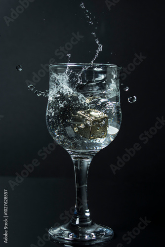 copa con bebida y un dado dentro dorado