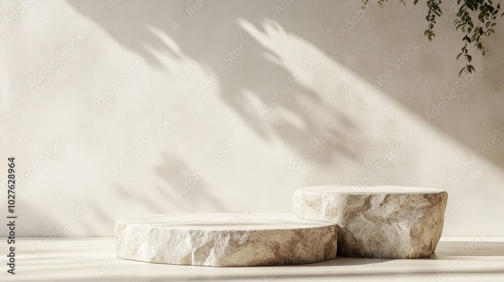  Empty stone podium on beige background in sunlight with shadows for luxury organic cosmetics, skin care, body care, beauty product