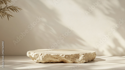  Empty stone podium on beige background in sunlight with shadows for luxury organic cosmetics, skin care, body care, beauty product