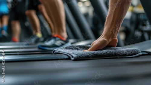 Gym-goers wiping down a treadmill after use.