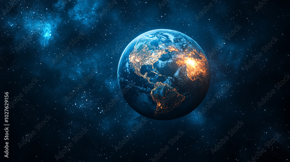 burning planet Earth in space, set against a bright blue backdrop. This powerful visual symbolizes climate change, environmental crisis, and the urgent need for global awareness