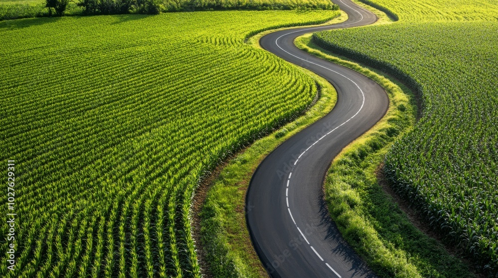 Winding Road Through Lush Green Cornfields Winding Road Through Lush Green Cornfields
