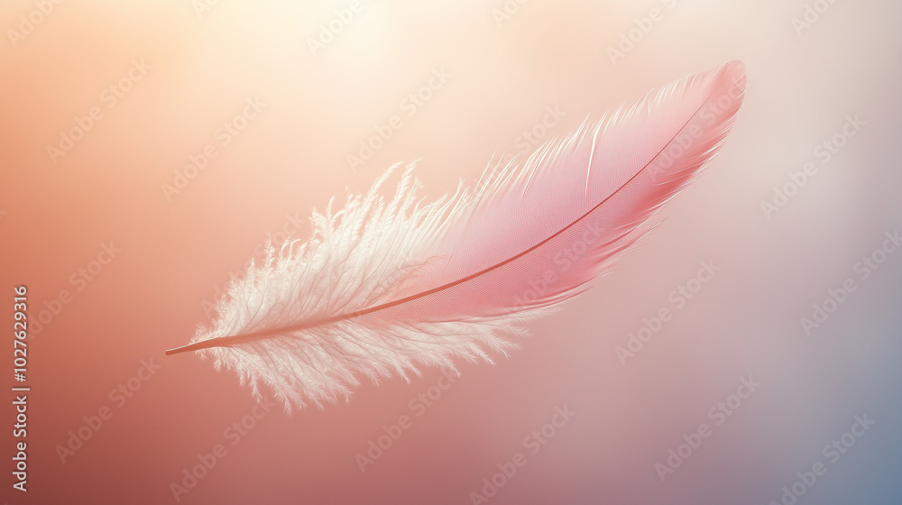 Soft Pink Feather Floating on a Warm Light-Infused Background Soft Pink Feather Floating on a Warm Light-Infused Background