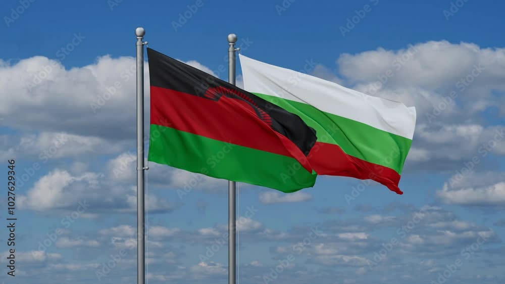 Bulgaria and Malawi flags flying together, video concept of the relationship, two country relations concept Bulgaria and Malawi flags flying together, video concept of the relationship, two country relations concept