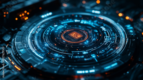 Wallpaper Mural Digital Sci-Fi Interface Hub with Neon Orange and Blue Circuitry Design Torontodigital.ca