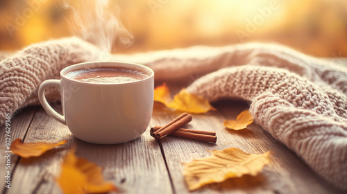 Warm Cup of Hot Chocolate on Rustic Wooden Table with Cinnamon Sticks and Autumn Leaves in Cozy Setting photo