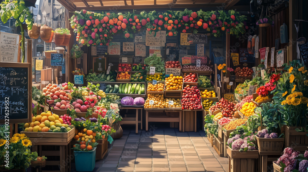 Vibrant Local Market Stall Overflowing with Fresh Fruits Vegetables and Flowers Under a Canopy Vibrant Local Market Stall Overflowing with Fresh Fruits Vegetables and Flowers Under a Canopy