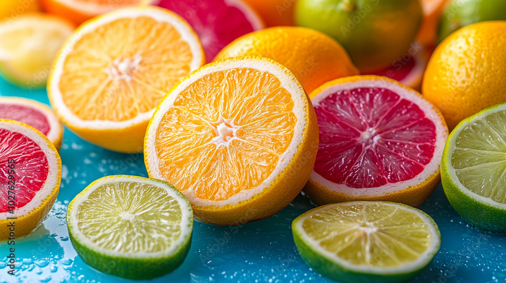 Close-Up Of Mixed Citrus Fruit With Water Droplets Limes Oranges Grapefruit Close-Up Of Mixed Citrus Fruit With Water Droplets Limes Oranges Grapefruit