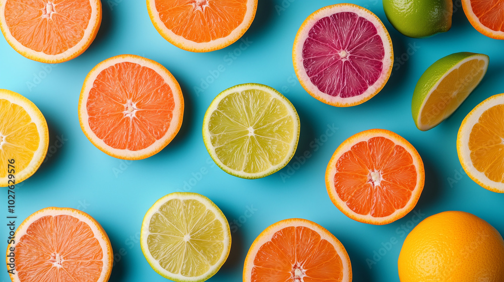 Fototapeta premium Citrus Fruit Slices Pattern Orange Grapefruit Lime On Blue Background