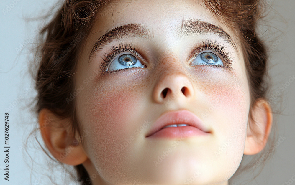 A young girl with blue eyes and red hair is looking up at the camera. Concept of innocence and curiosity, as the girl's gaze seems to be searching for something beyond the frame A young girl with blue eyes and red hair is looking up at the camera. Concept of innocence and curiosity, as the girl's gaze seems to be searching for something beyond the frame