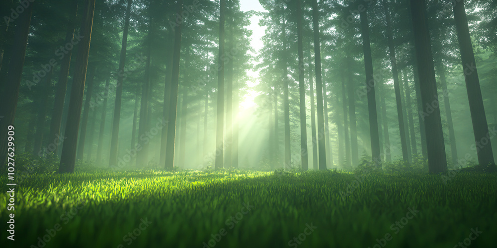 Fototapeta premium Serene Light Through Misty Forest Trees