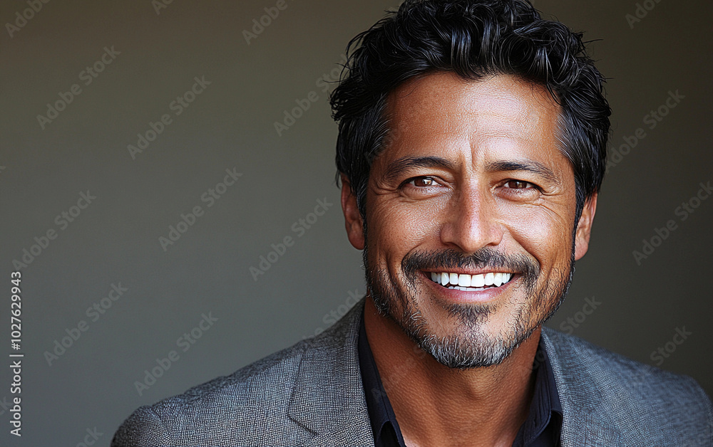 A man with a beard and a mustache is smiling. He is wearing a black shirt and a gray jacket A man with a beard and a mustache is smiling. He is wearing a black shirt and a gray jacket