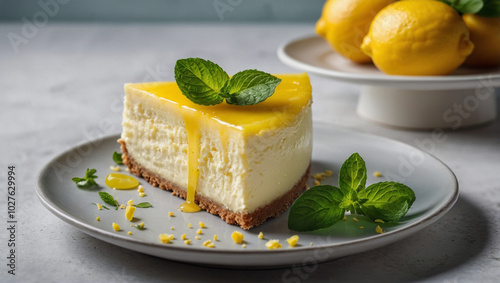 Lemon-flavored cheesecake with a zesty lemon topping, placed on a white plate with a garnish of lemon zest and mint leaves.