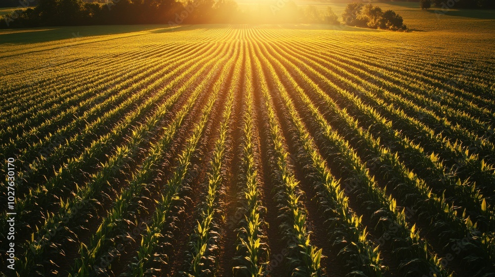 Golden Sunlight Bathes Rows of Young Corn Plants in a Field Golden Sunlight Bathes Rows of Young Corn Plants in a Field
