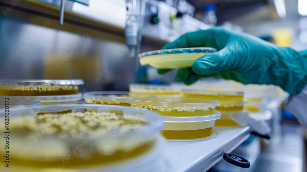 Person is holding a yellow substance in a green glove. The substance is in a petri dish Person is holding a yellow substance in a green glove. The substance is in a petri dish