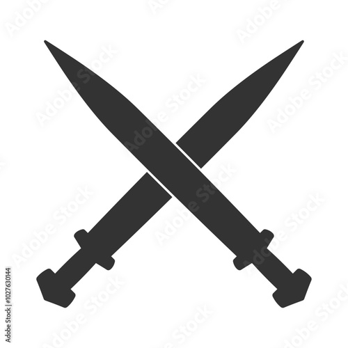 Sword vector illustration icon. Crossed gladius swords military or heraldry symbol. Protection and security sign. Medieval or knight weapon. Fantasy fencing logo.