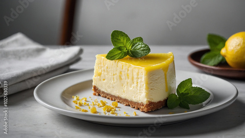 Lemon-flavored cheesecake with a zesty lemon topping, placed on a white plate with a garnish of lemon zest and mint leaves.