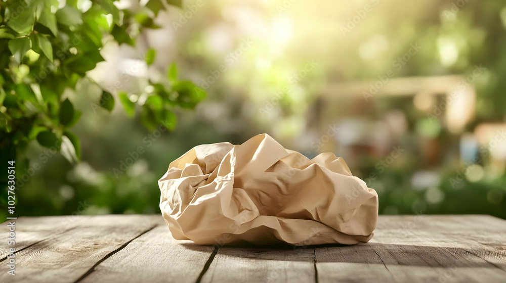 A crumpled piece of paper on a wooden table amidst a blurred natural background. A crumpled piece of paper on a wooden table amidst a blurred natural background.