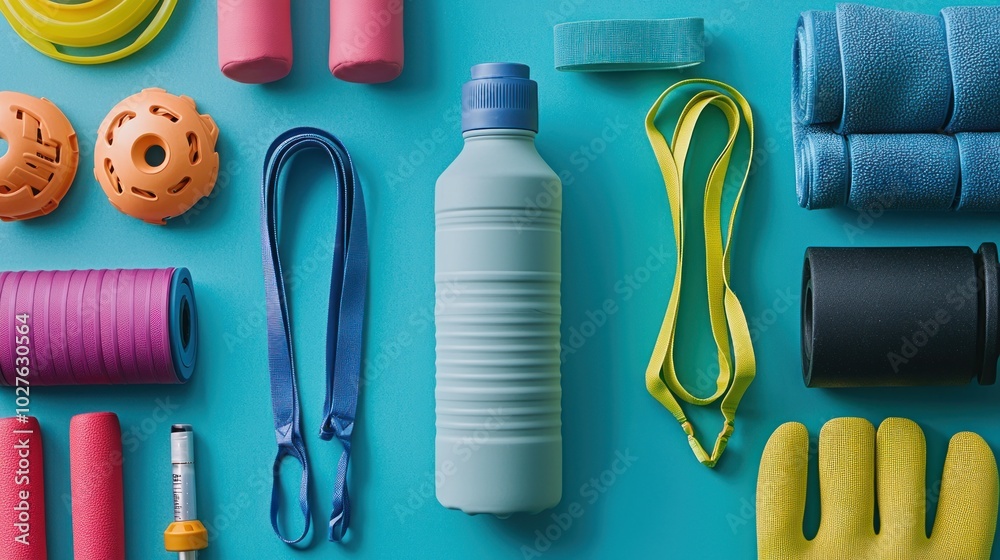 Flatlay of fitness items like a water bottle, resistance bands, and workout gloves. Flatlay of fitness items like a water bottle, resistance bands, and workout gloves.