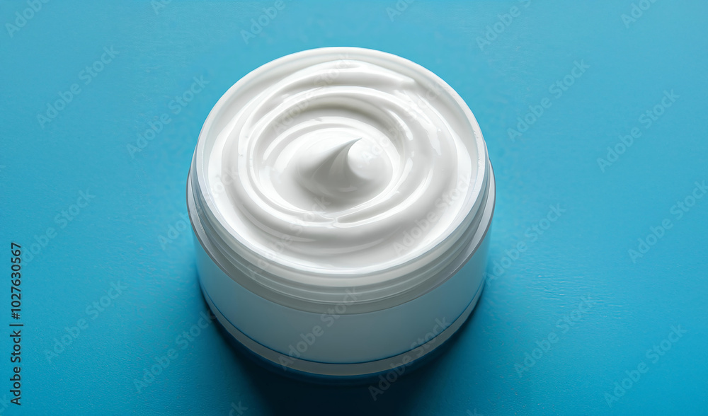 White cream swirls in a round bowl on a blue background. White cream swirls in a round bowl on a blue background.