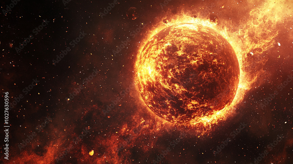 burning planet Earth in space, set against a bright blue backdrop. This powerful visual symbolizes climate change, environmental crisis, and the urgent need for global awareness burning planet Earth in space, set against a bright blue backdrop. This powerful visual symbolizes climate change, environmental crisis, and the urgent need for global awareness