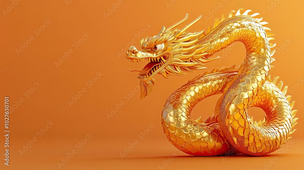 Fototapeta premium A Coiled Golden Dragon on a Copper-Colored Background