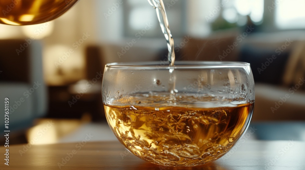 Close-up of a steaming cup of tea being poured in a modern home setting.