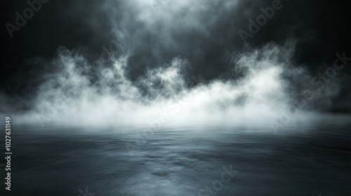 Mystical mist. Swirling smoke in dark and light symphony. Fluid fantasia. Abstract dance of fog and light on floor with black background