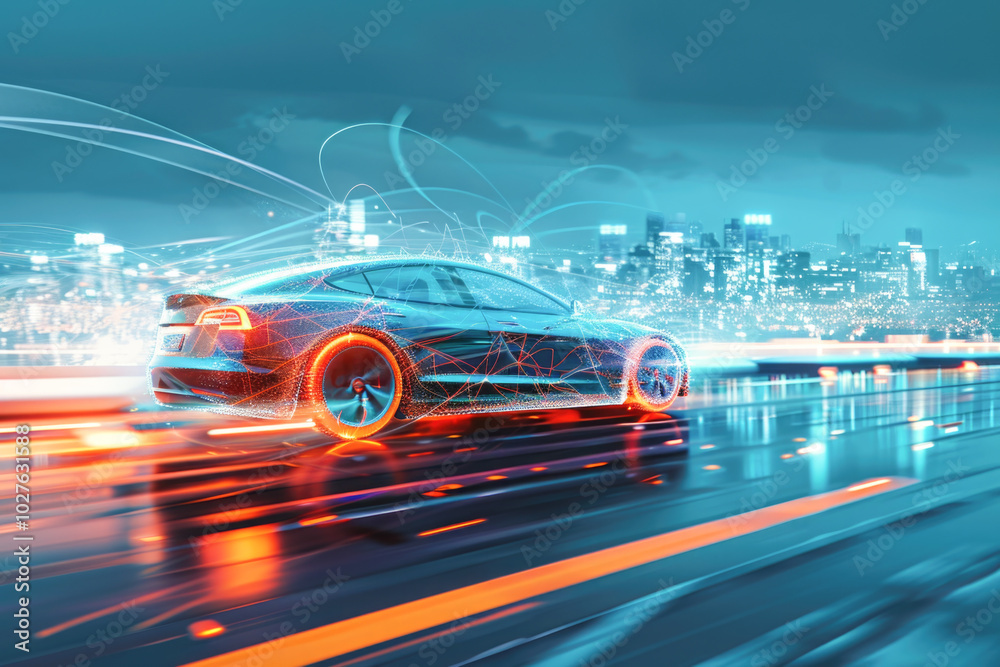 A glowing digital car drives through a futuristic city, symbolizing advanced technology, automation, and smart transportation. A glowing digital car drives through a futuristic city, symbolizing advanced technology, automation, and smart transportation.