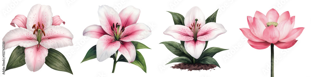 Fototapeta premium Beautiful pink lily and lotus flowers,isolated