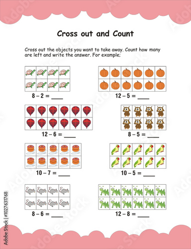 Number puzzle for kids, missing between worksheet for kids. Greater than, less than or equal to game. Worksheet for preschool kids, activity sheet, Missing number. Cross out and count numbers