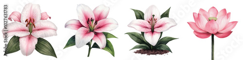 Beautiful pink lily and lotus flowers,isolated