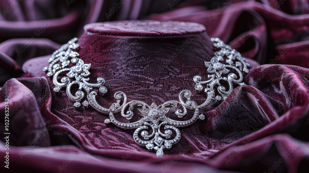 Obraz premium Luxurious Diamond Necklace on Elegant Velvet Display Showcasing Intricate Design and Sparkling Gemstones