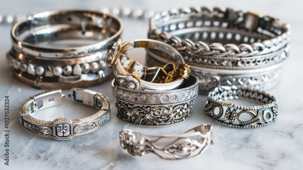 Elegant Collection of Silver and Gold Bracelets with Intricate Designs on Marble Surface