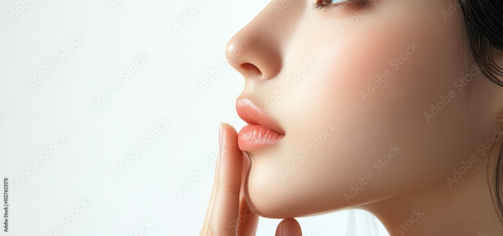 Obraz premium Close-up of a woman's face, with her hand resting gently on her chin.