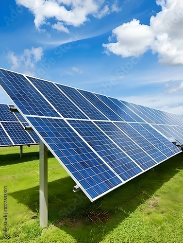 Solar panels installed in a green field under a blue sky, harnessing renewable energy.
