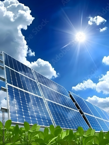 Solar panels capturing sunlight under a bright blue sky with clouds.